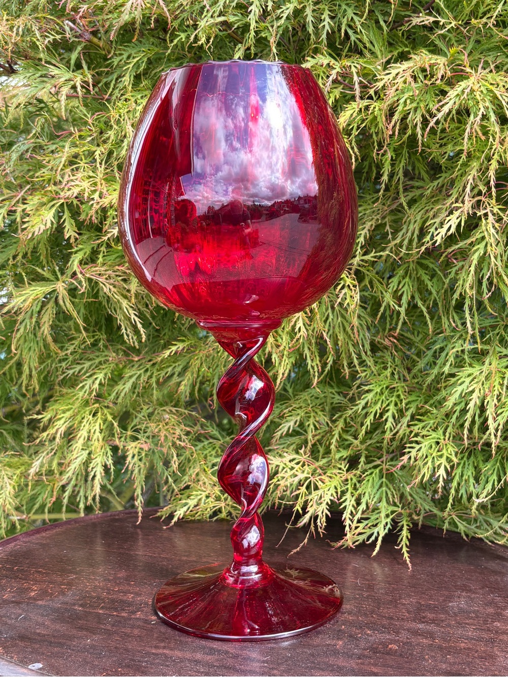 Vintage Empoli Ruby Red Optic Twisted Stem Hand Blown Glass Goblet